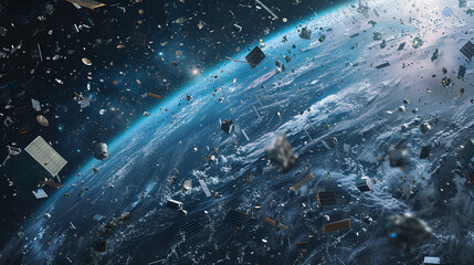 A cluttered area of Earth’s orbit filled with space debris, including defunct satellites, spent rocket stages, and other fragments. The debris is floating chaotically, creating a sense of danger for o
