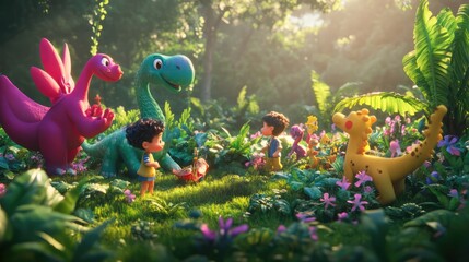 Whimsical 3D render of kids on a safari in a magical jungle