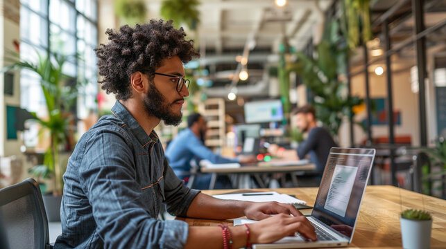 A young male software engineer in his late 20s, coding on a laptop in a vibrant, open-plan office, with team members collaborating in the background. - Powered by Adobe