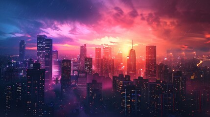 Fototapeta premium Futuristic Cityscape with Dramatic Sunset