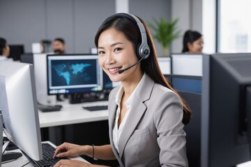 Young woman in suit smiling while using headset in office