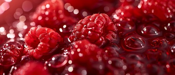 Macro view of red ripe raspberry jam fruit food texture background