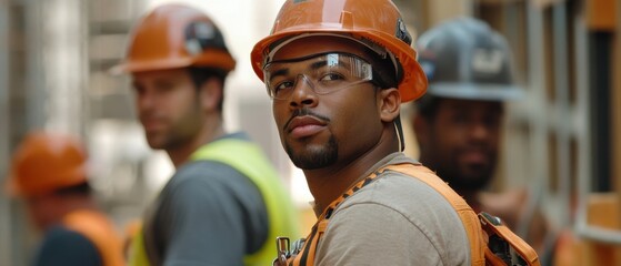 Multicultural construction workers on a dynamic job site diverse backgrounds unite for a shared project safety gear and tools highlight teamwork and industrial prowess in construction