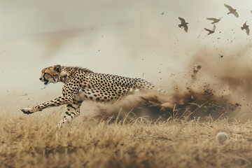 Fototapeta premium Cheetah Sprinting in Action, Leaping with Dust Clouds and Birds Above.