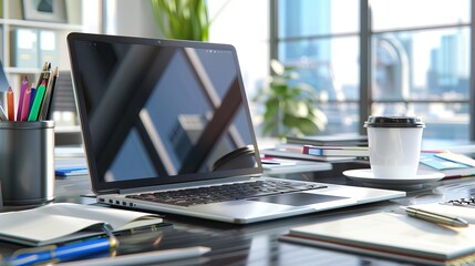 Modern workplace with laptop computer, coffee cup and office supplies
