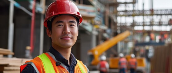 Asian engineer in safety gear inspecting structural beams at construction site with busy workers and machinery operating in background