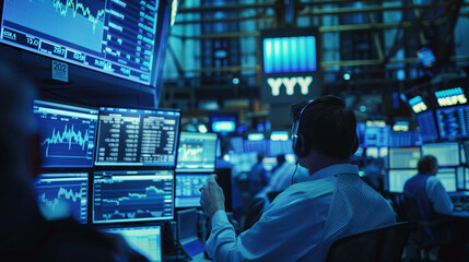 A dynamic scene of a stock exchange trading floor with traders focused on multiple monitors displaying stock tickers, graphs, and financial news