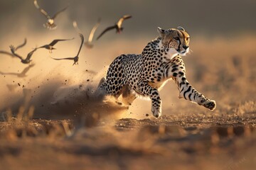 Fototapeta premium Sprinting Cheetah Leaps Agily with Birds Flying Overhead Creating Dust.