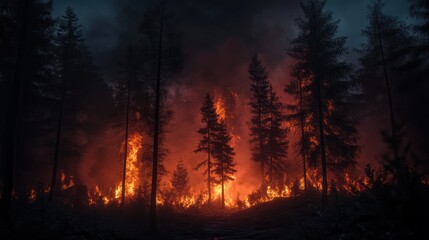 Fire in the forest at night. Burning trees. natural disaster. Fire and smoke in nature