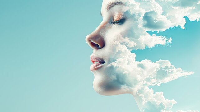 Double exposure image featuring a face merging with a dramatic sky full of clouds, representing the harmony of nature and human thoughts, sharp focus, vivid contrasts, soft lighting, serene and