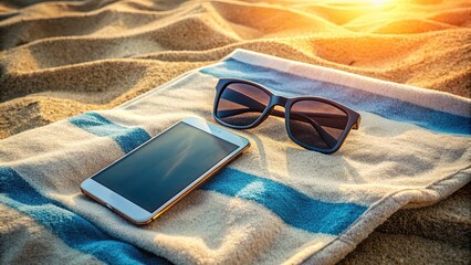 A sleek smartphone lies abandoned on a plush beach towel, surrounded by sunglasses and a half-read book, signifying a perfect day of relaxation.