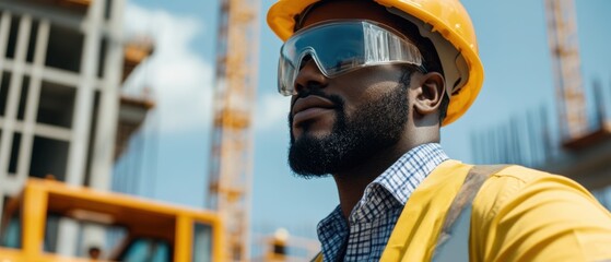Black engineer assessing site progress with construction tools and equipment around emphasizing detailed project management