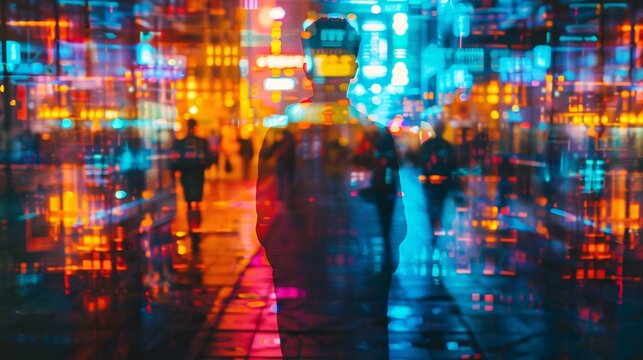 Silhouette of a Person Walking Through a City Street at Night