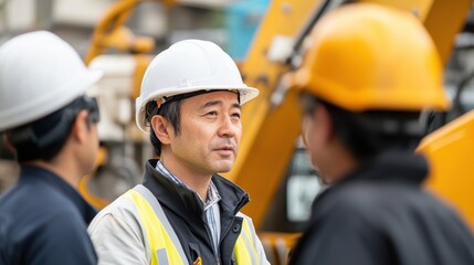 Japanese engineer collaborating with construction crew on-site with machinery and equipment visible showcasing a dynamic and efficient work environment