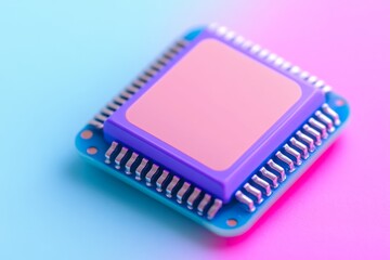 High definition close up of a microchip on a pastel circuit board illuminated by warm lighting representing the harmony between design and technology