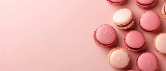 Fototapeta premium Pastel macaron on light pink background or dessert cake macaron, Top view
