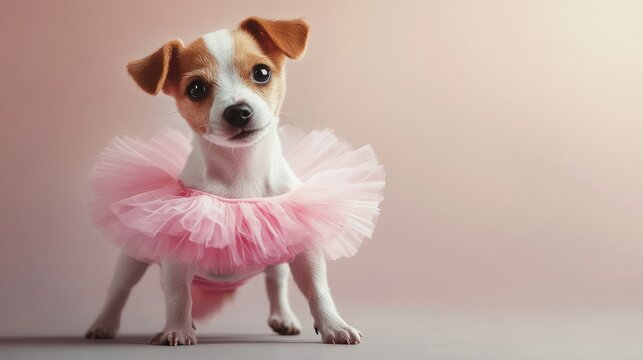 Funny cute adorable jack russel terier puppy wearing ballerina costume pink ballet skirts tutu. Creative animal dog pet character, commercial editorial advertisement, halloween dance illustration.
