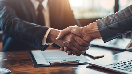 A confident man in his late 30s, shaking hands with a client in a well-appointed office after closing a significant deal. Papers and contracts are on the table.