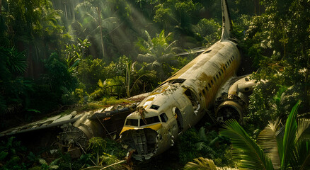 Crashed and abandoned airplane in the jungle. Concept of the crash.
