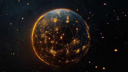 Obraz premium Generative AI illustration of glowing planet with yellow network connecting cities on black background