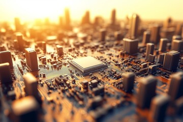 High definition image of a cityscape made of microchips and circuit boards symbolizing the intersection of technology and urban development