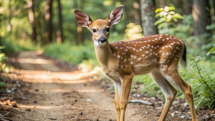 Fototapeta premium White tailed deer fawn witj hind on natural trail in north Wisconsin. 