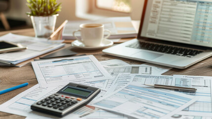 A detailed view of a desk with tax forms, a calculator, and a laptop displaying tax preparation software.