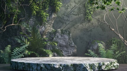 Rock podium stone forest background product 3D platform pedestal flat. Stone round rock podium display render green gray stand abstract wild nature space stage mockup cosmetic outdoor empty scene