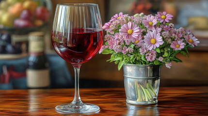 Red Wine Glass and Flowers on Rustic Table