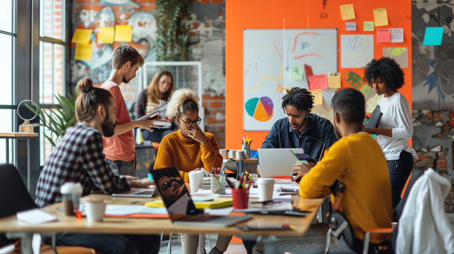 A diverse team of young tech entrepreneurs brainstorming ideas in a modern, colorful co-working space, with laptops, whiteboards, and coffee cups on the table