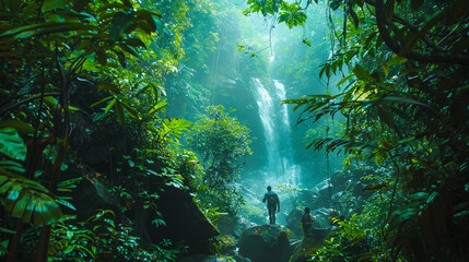 Obraz premium : Adventurers exploring a dense tropical jungle, with waterfalls, exotic birds, and vibrant green foliage.