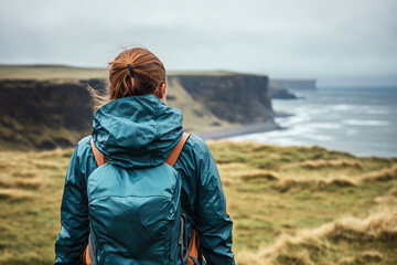 Woman looking towards the coastline wearing blue rain gear