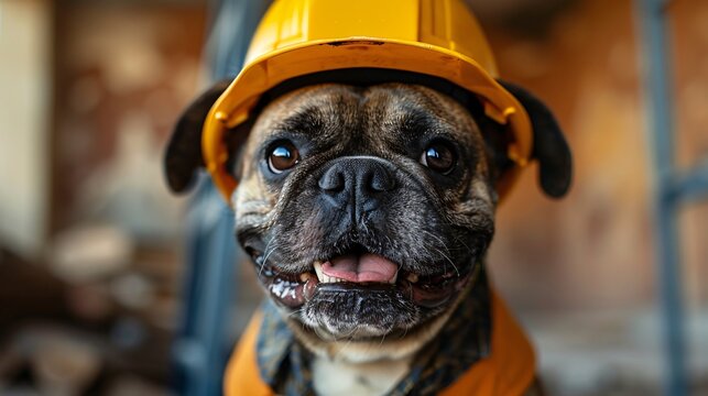 dog wearing construction helmet
