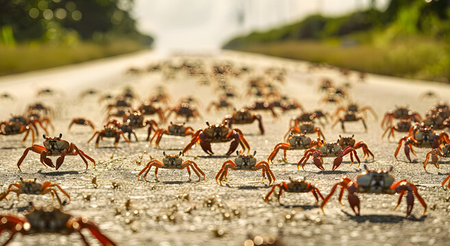 Migration of crabs. Lots of small crabs crossing a paved road. Concept of crustacean migration.