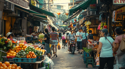 Fototapeta premium A lively street market in an Asian city, with vendors selling fresh produce, street food, and handmade goods, and shoppers haggling.