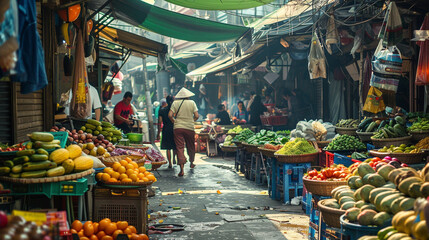 Obraz premium A lively street market in an Asian city, with vendors selling fresh produce, street food, and handmade goods, and shoppers haggling.