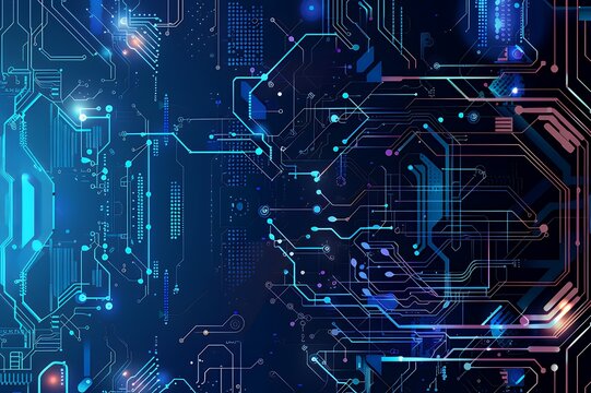 A digital circuit board design with vibrant colors and intricate patterns.