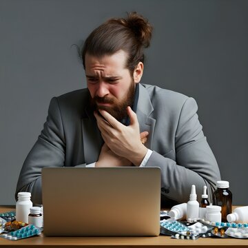 young man manager sitting at table surrounded by pills, tablets, drugs. Fair-haired office worker has bad cold, surfes internet, suffers from high temperature. Health problems