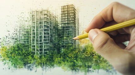 Image of a hand holding a pencil over a green sustainable building concept sketch