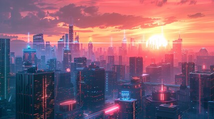 Fototapeta premium Cyberpunk Cityscape at Sunset