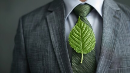 Professional man wearing a suit with a green leaf on his tie, symbolizing environmental awareness and sustainability in business.