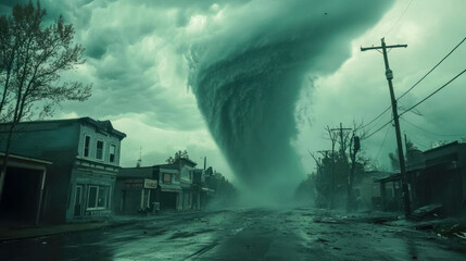 Fototapeta premium Tornado Engulfs Small Abandoned Town - A massive tornado consumes a deserted small town, showcasing nature's raw power as it tears through empty streets and old buildings.