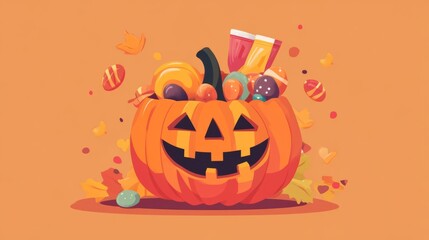 Carved pumpkin holding Halloween candy, playful Halloween theme, flat design illustration
