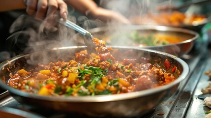 Closeup of a Pan of Steaming Food