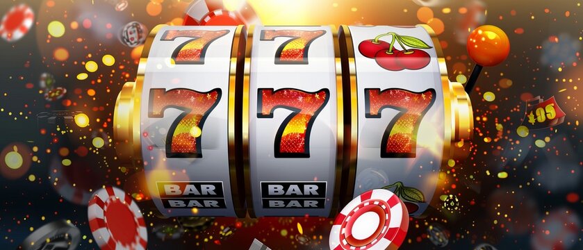Vibrant slot machine with winning symbols, capturing the thrill of hitting the jackpot in a lively casino setting