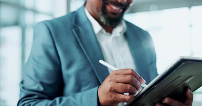 Business, black man and smile on tablet with stylus pen to sign online documents for investment approval. Corporate person, office and happy for ecommerce with contract approval or deal for company