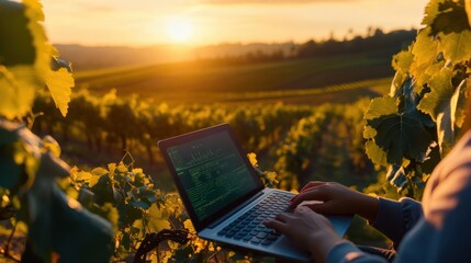 Modern agriculture technology with a person using a laptop to analyze data on sustainable farming practices at sunset in a vineyard