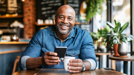 Older African-American man smiling and looking at smartphone, while updating his social media in a cafe