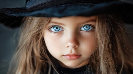 portrait of a little girl child with blue eyes in Halloween costume and in black witch hat