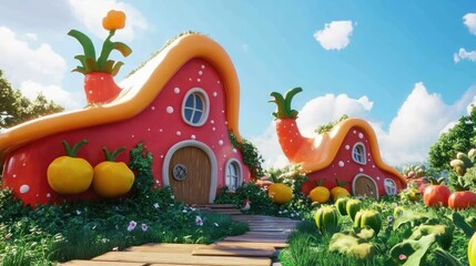 Fototapeta premium Whimsical 3D render of a fantasy farm with talking animals and oversized vegetables